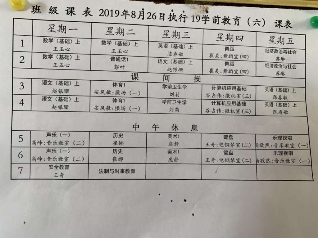 2019级学前教育课表